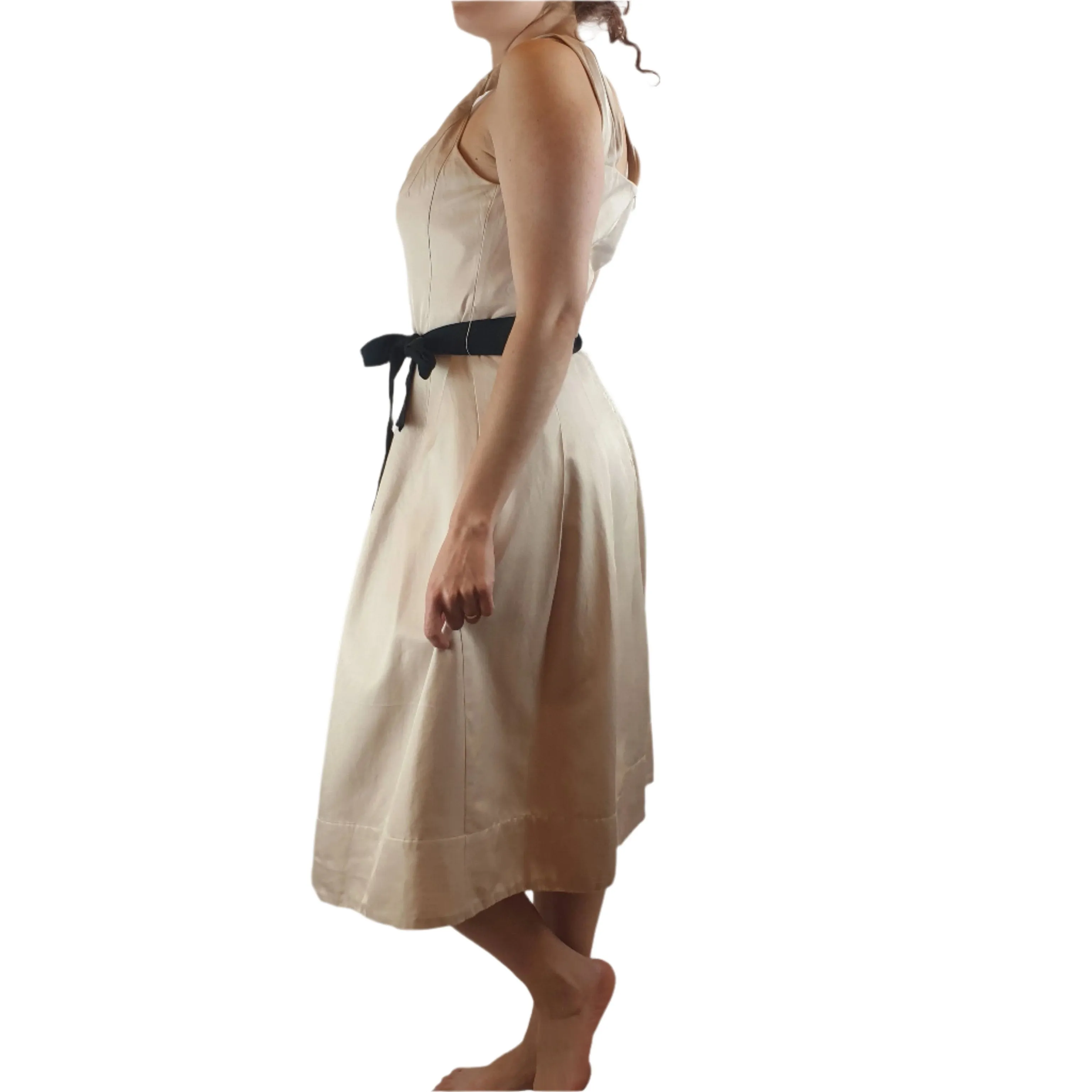 Veronica Maine cream sleeveless dress with contrasting black ribbon waist tie size 10