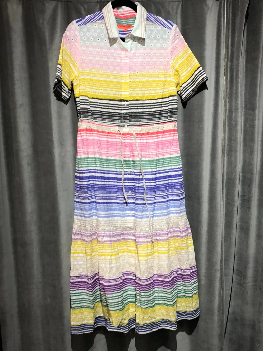 VILAGALLO Short Sleeve Maxi Striped Eyelet Dress