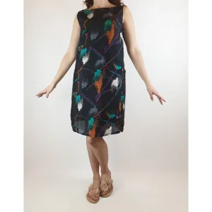 Vintage black silky feel sleeveless dress with lovely and unique print best fits size 10