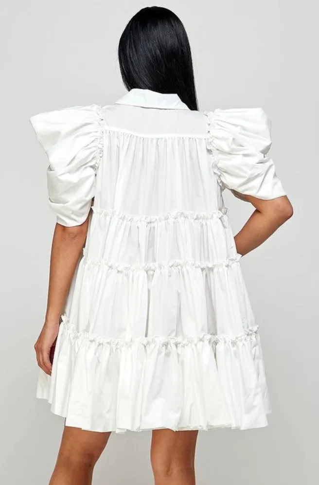 White Balloon Sleeve Dress