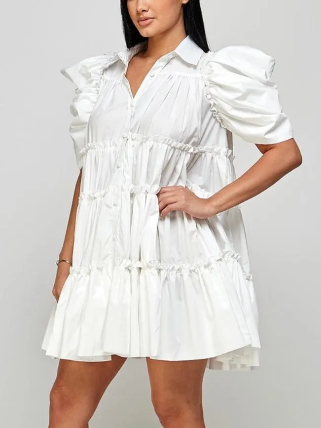 White Balloon Sleeve Dress