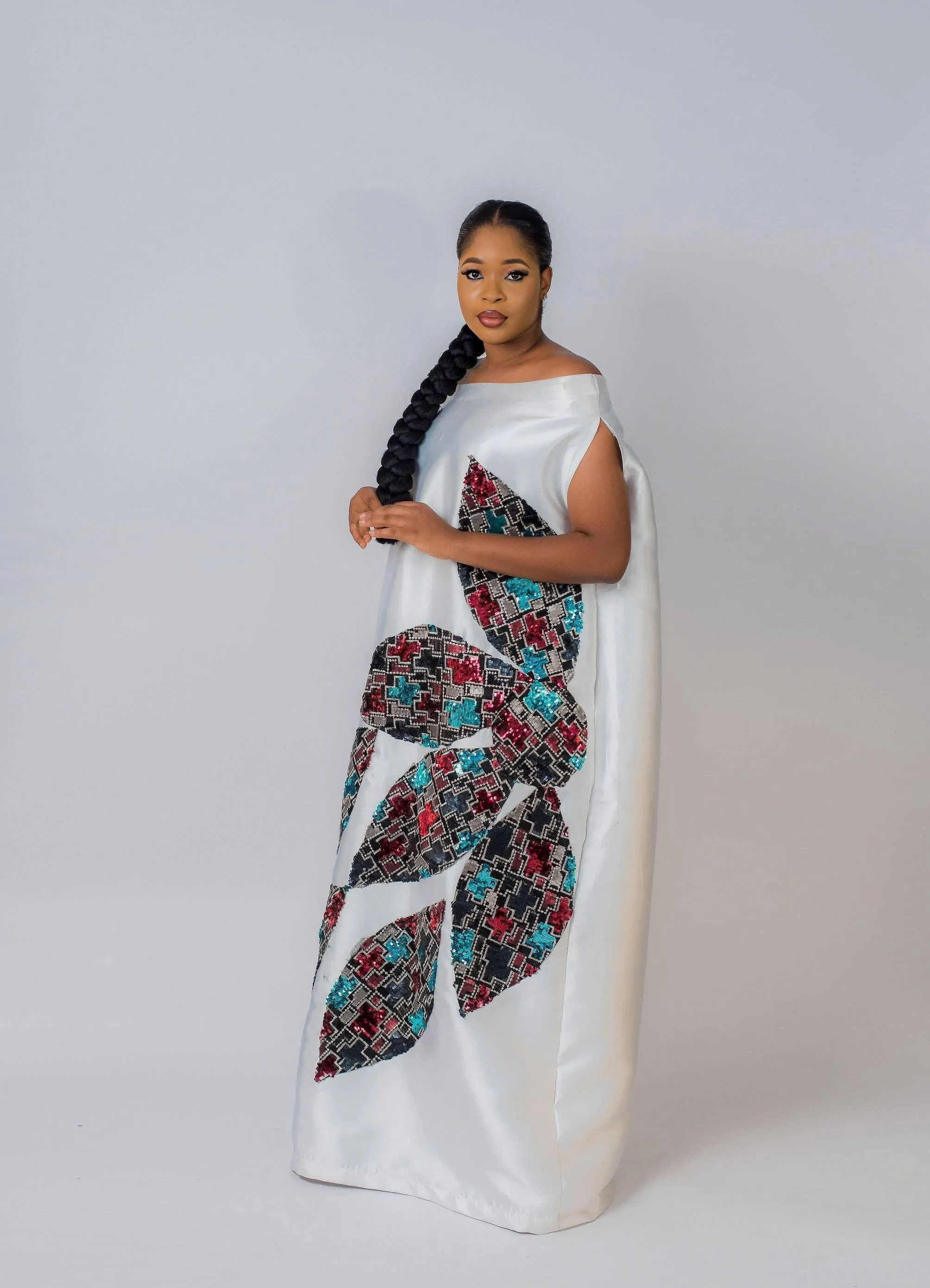 White Goddess Maxi African kaftan boubou mikado silk dress with multicolored sequin