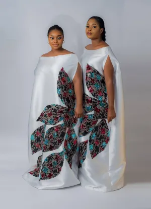 White Goddess Maxi African kaftan boubou mikado silk dress with multicolored sequin