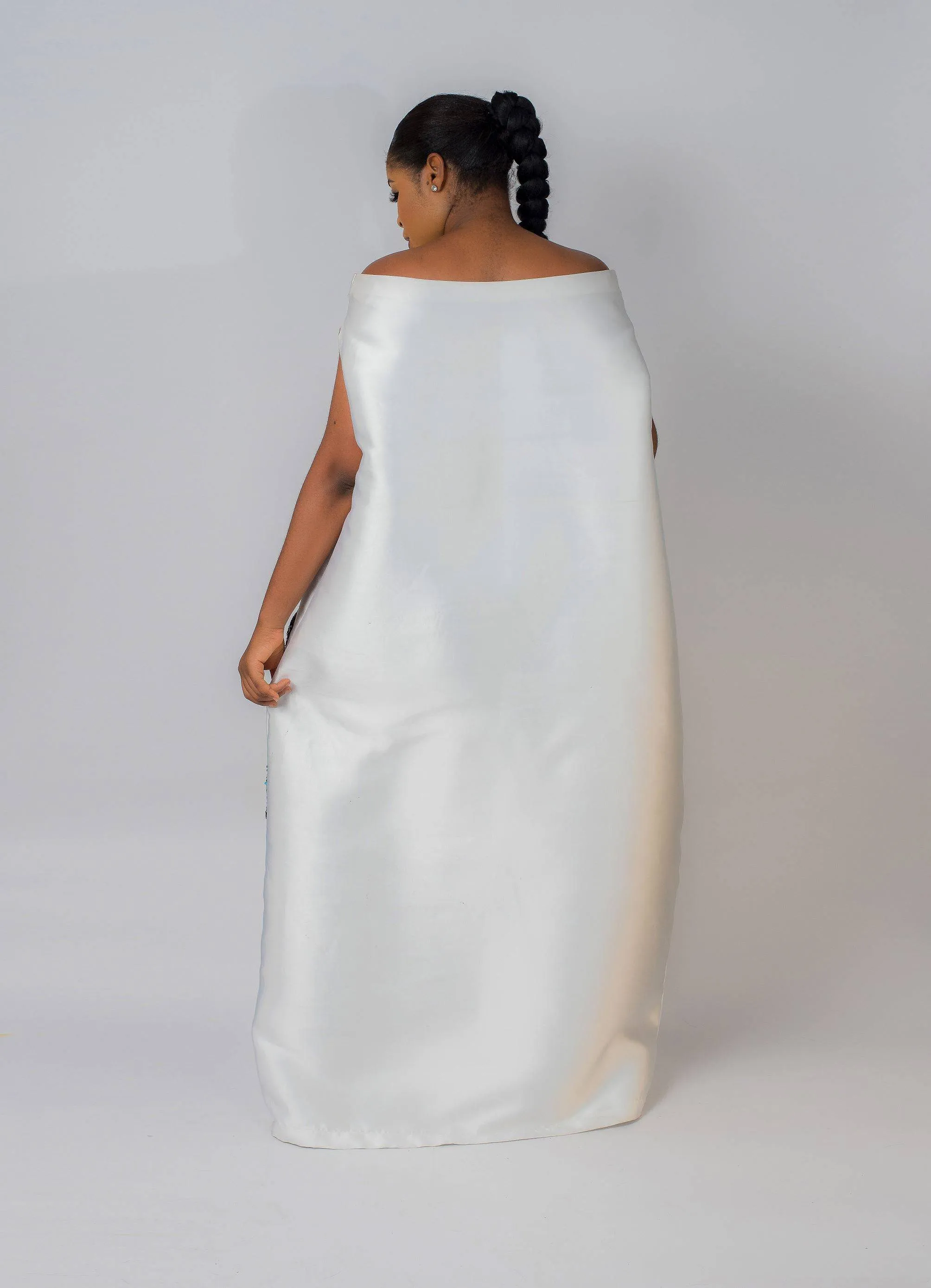 White Goddess Maxi African kaftan boubou mikado silk dress with multicolored sequin