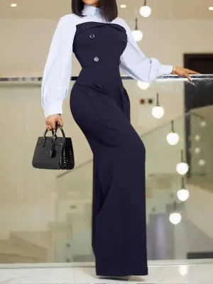 White Lapel Collar Button Accented Wide Leg Jumpsuit
