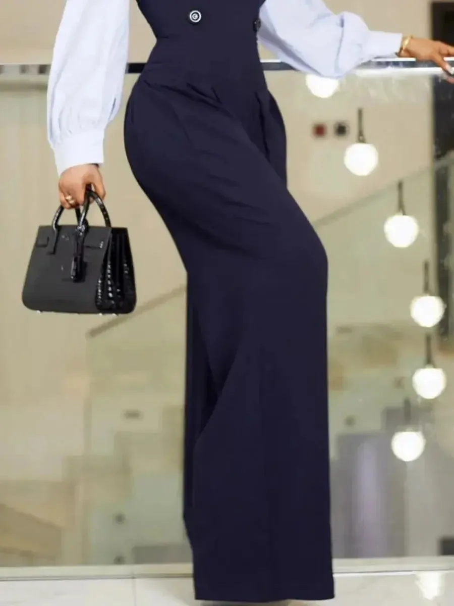White Lapel Collar Button Accented Wide Leg Jumpsuit