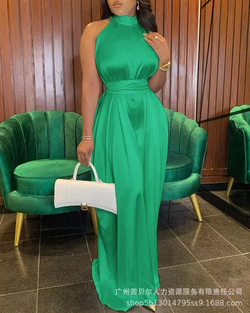 White Satin Neck Hanging Sleeveless Waist Wide Leg Jumpsuit