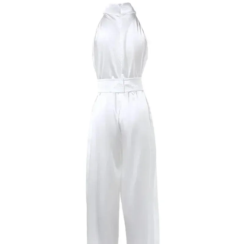 White Satin Neck Hanging Sleeveless Waist Wide Leg Jumpsuit