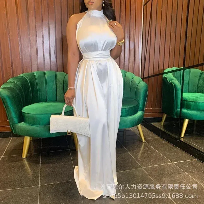 White Satin Neck Hanging Sleeveless Waist Wide Leg Jumpsuit