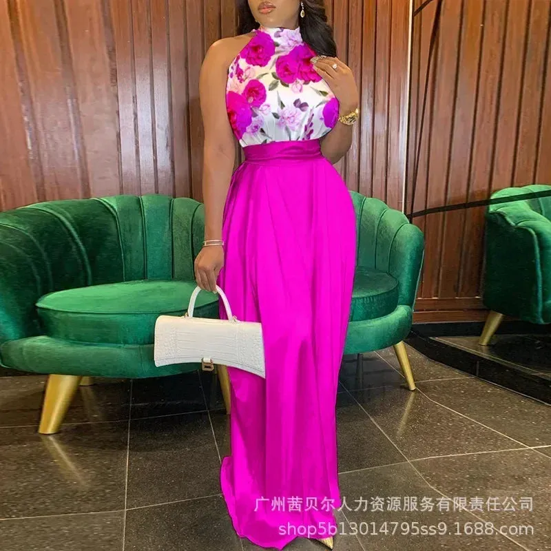White Satin Neck Hanging Sleeveless Waist Wide Leg Jumpsuit