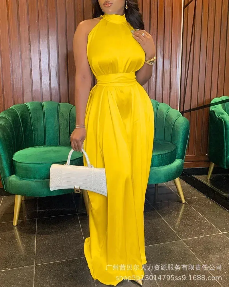 White Satin Neck Hanging Sleeveless Waist Wide Leg Jumpsuit