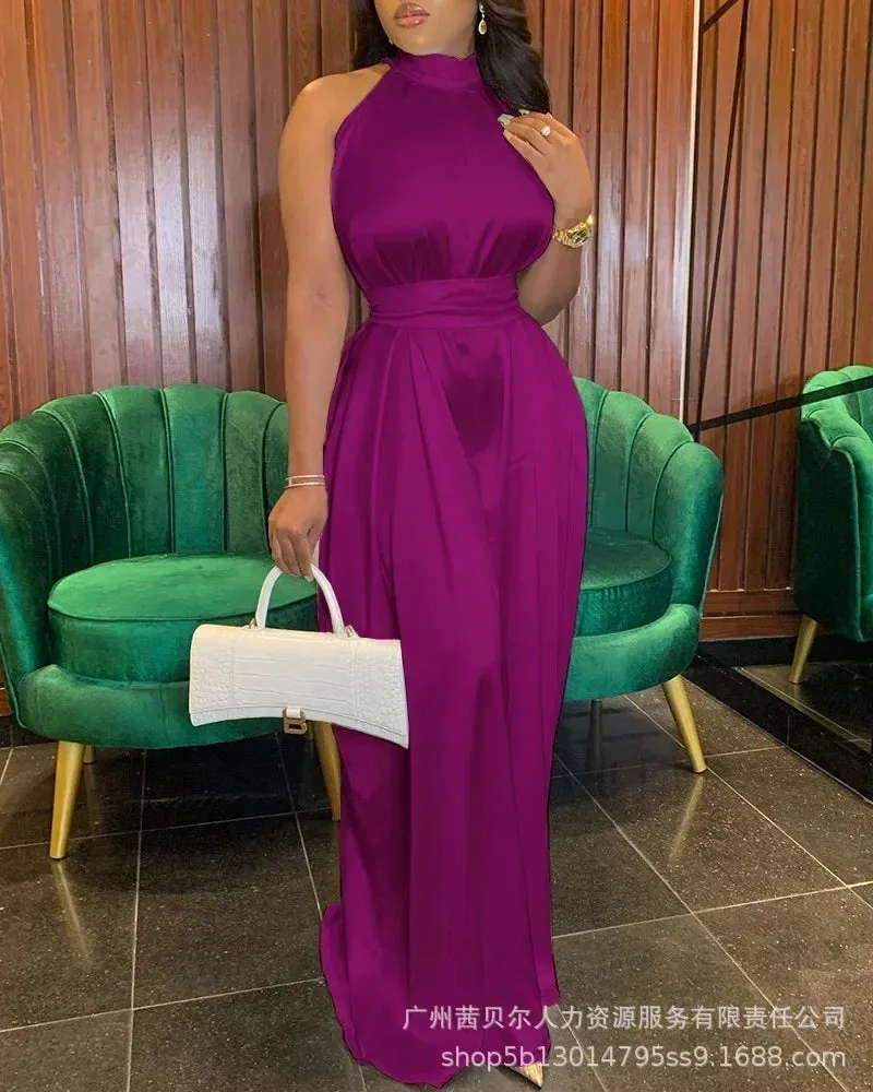 White Satin Neck Hanging Sleeveless Waist Wide Leg Jumpsuit