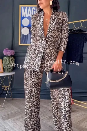 Wild Lifestyle Leopard Print Lapel Blazer and Elastic Waist Pocketed Wide Leg Pants Set