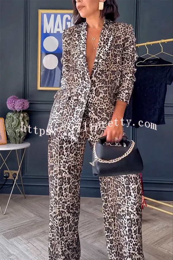 Wild Lifestyle Leopard Print Lapel Blazer and Elastic Waist Pocketed Wide Leg Pants Set