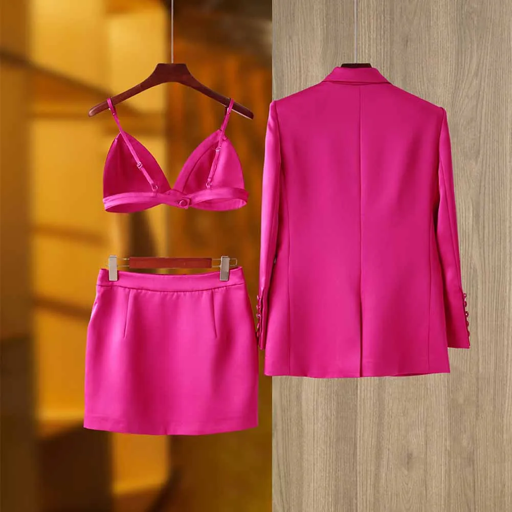 Women Loose fit Rose Blazer   Bra   Mini Skirt 3 Pieces Suit