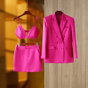 Women Loose fit Rose Blazer   Bra   Mini Skirt 3 Pieces Suit