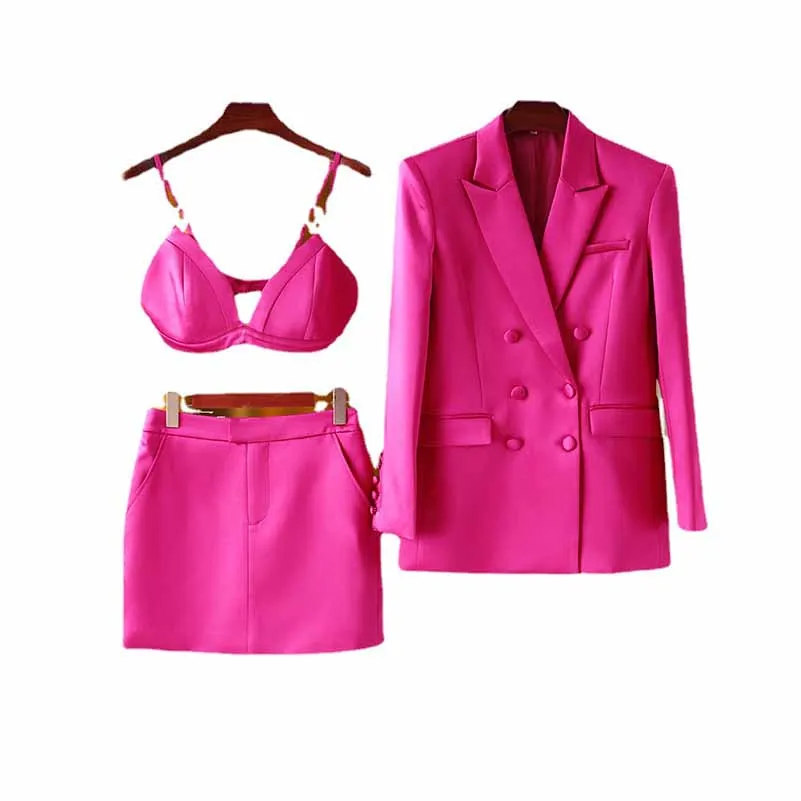 Women Loose fit Rose Blazer   Bra   Mini Skirt 3 Pieces Suit