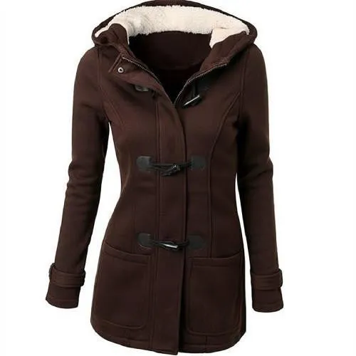 Women 's Hooded Woolen Classic Hornskin Buckle Jacket Coat Solid Color Casual Female Outwear Coat