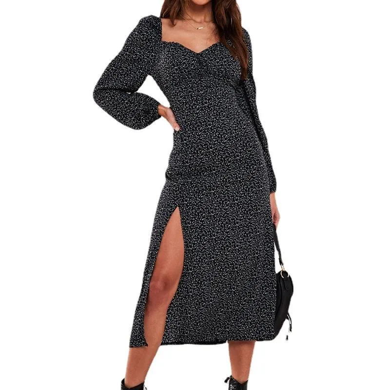 Women Square Neckline Fashion Split Fall Dresses