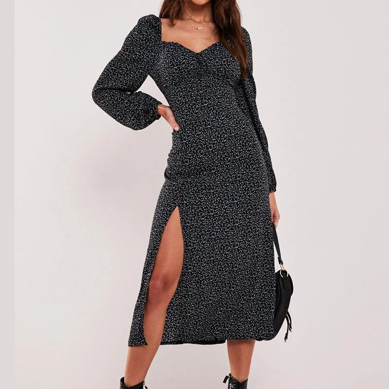 Women Square Neckline Fashion Split Fall Dresses