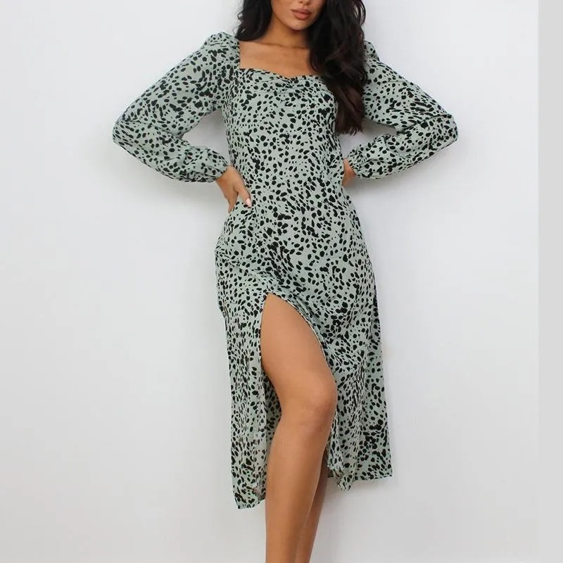 Women Square Neckline Fashion Split Fall Dresses