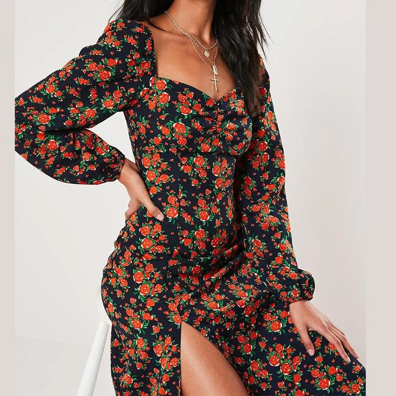 Women Square Neckline Fashion Split Fall Dresses