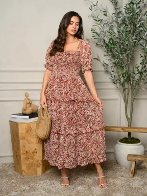 WOMEN'S 3/4 SLEEVE TIERED ANIMAL PRINT MAXI DRESS