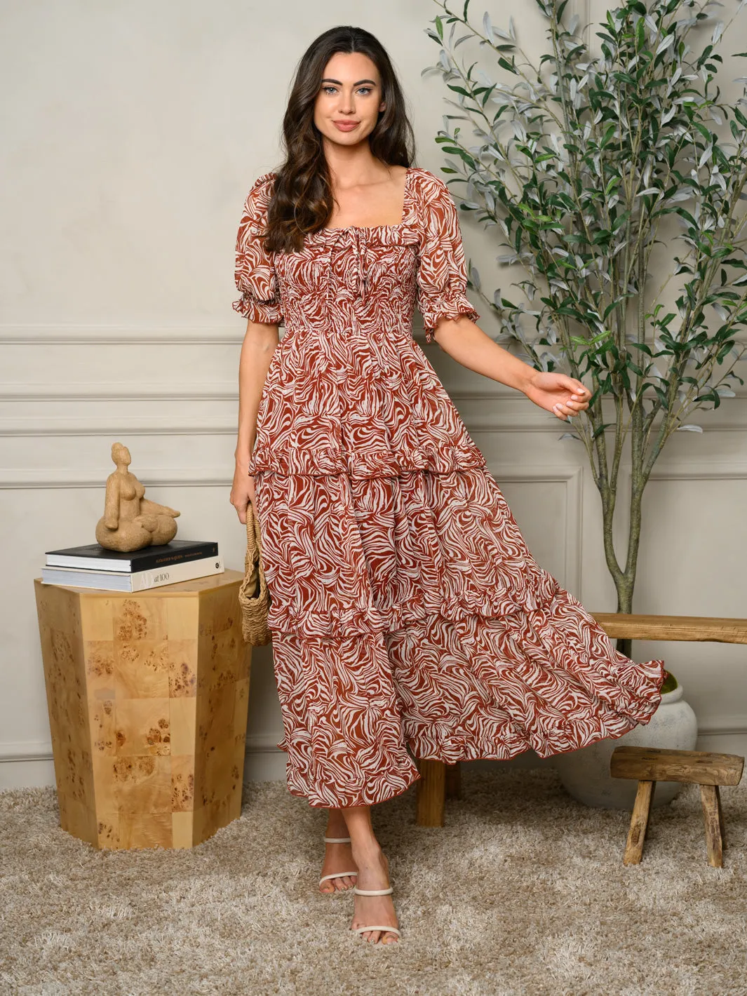 WOMEN'S 3/4 SLEEVE TIERED ANIMAL PRINT MAXI DRESS