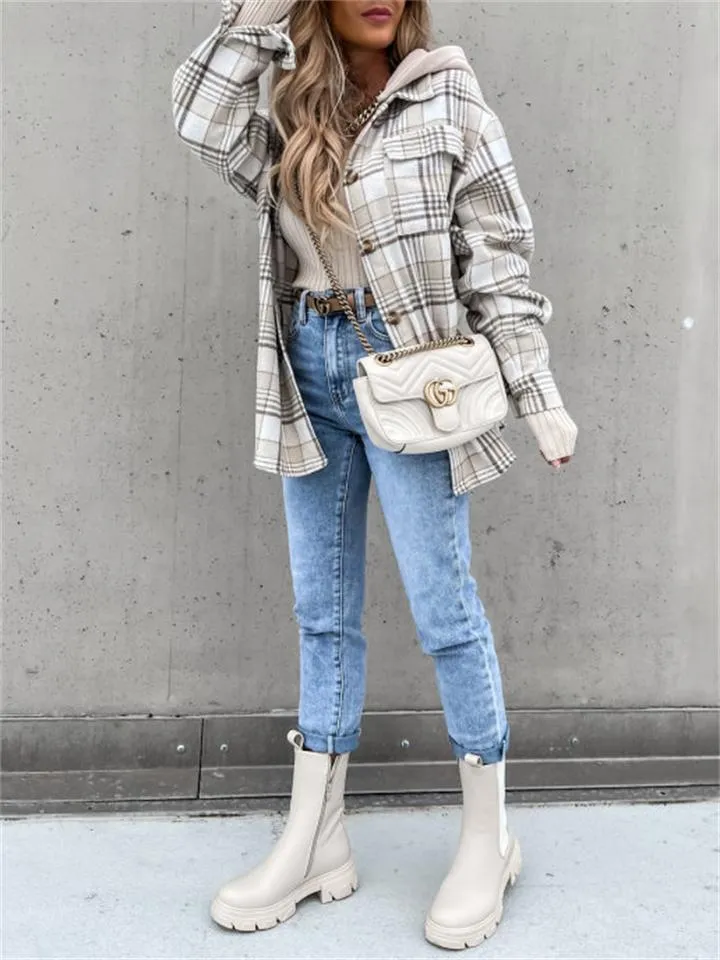Women's Casual Fashion Plaid Lapel Hooded Coats