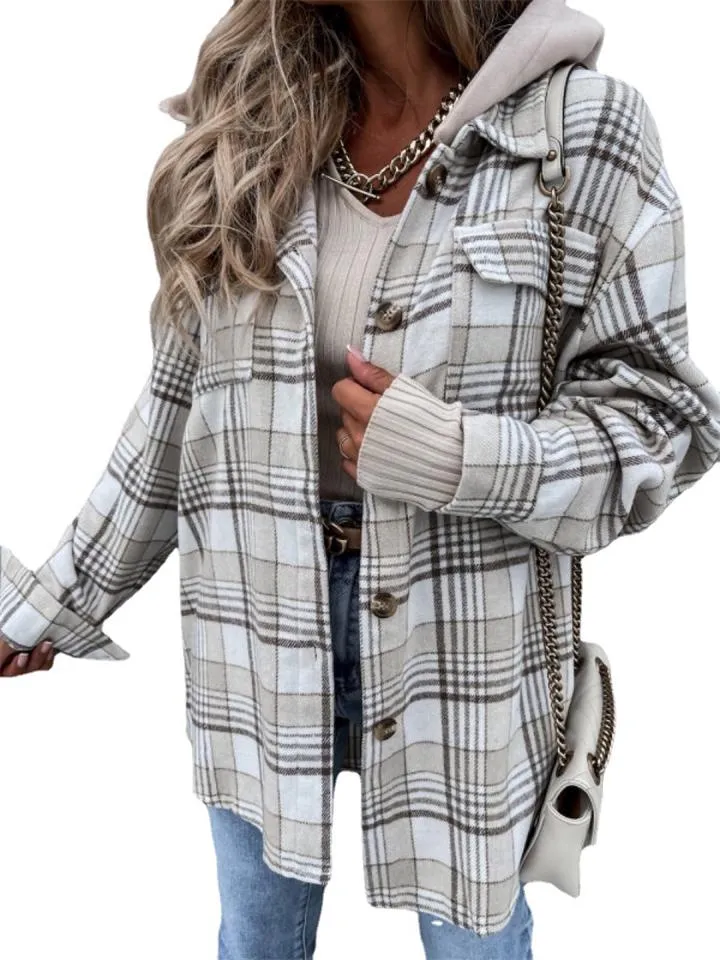 Women's Casual Fashion Plaid Lapel Hooded Coats