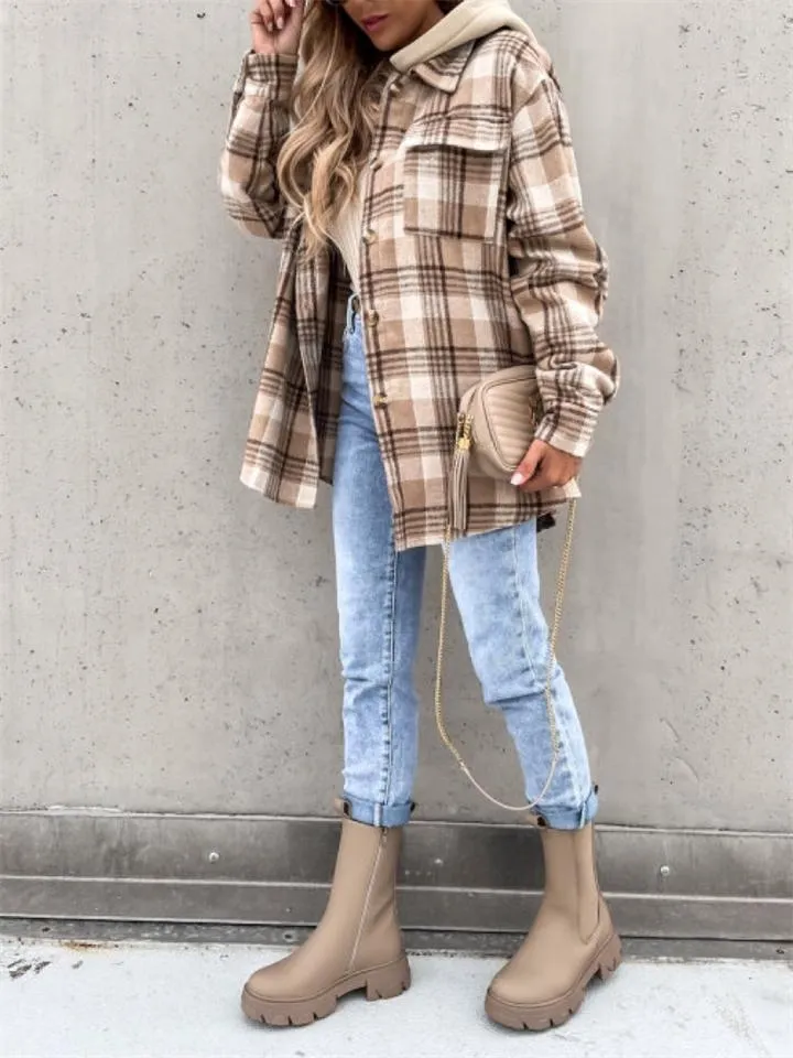 Women's Casual Fashion Plaid Lapel Hooded Coats