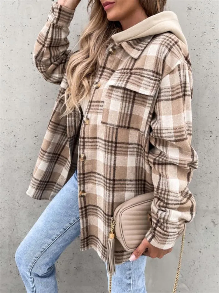 Women's Casual Fashion Plaid Lapel Hooded Coats