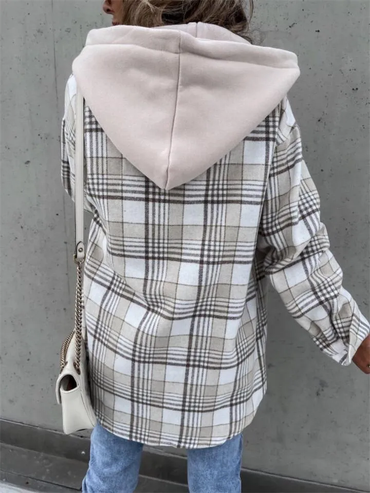 Women's Casual Fashion Plaid Lapel Hooded Coats