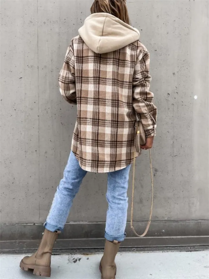 Women's Casual Fashion Plaid Lapel Hooded Coats