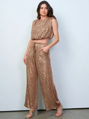 WOMEN'S CROP TOP & ELASTIC WAIST PANTS SEQUINS 2PC. SET