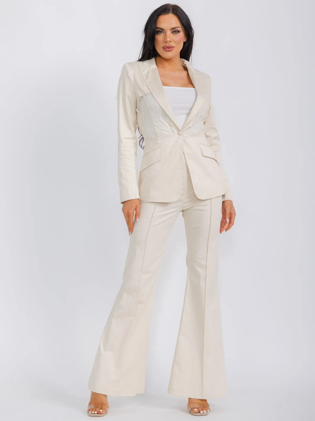 WOMEN'S LONG SLEEVE BLAZER & WIDE LEG PANTS LACE 2PC. SET