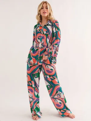 WOMEN'S LONG SLEEVE BUTTON UP TOP & WIDE LEG PANTS MULTI PRINT 2PC. SET