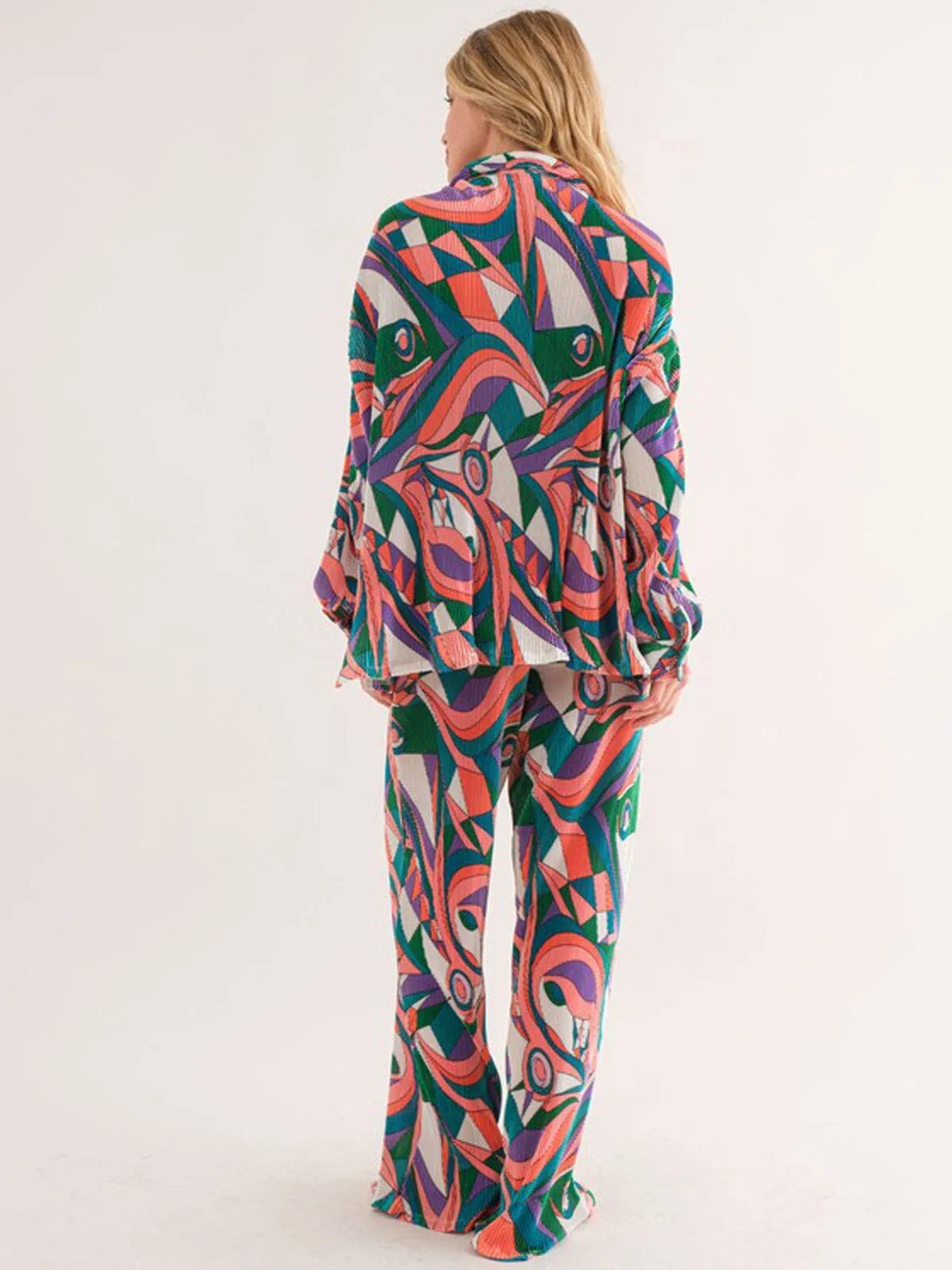 WOMEN'S LONG SLEEVE BUTTON UP TOP & WIDE LEG PANTS MULTI PRINT 2PC. SET