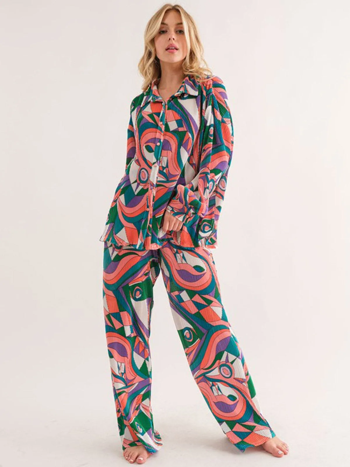 WOMEN'S LONG SLEEVE BUTTON UP TOP & WIDE LEG PANTS MULTI PRINT 2PC. SET