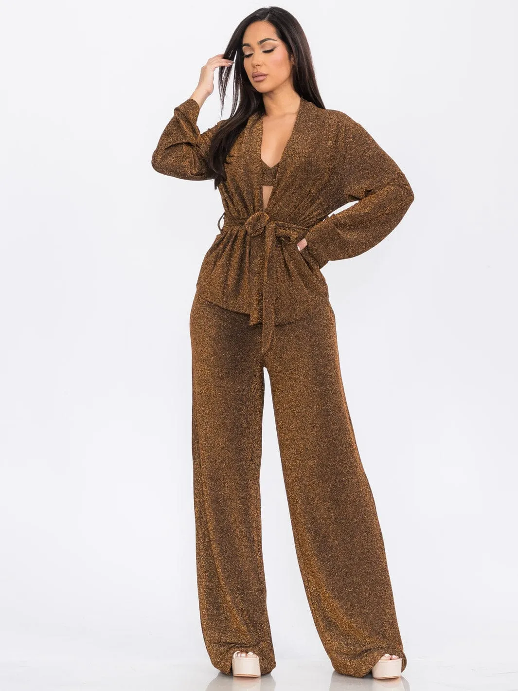 WOMEN'S LONG SLEEVE CARDIGAN WITH CROP TOP & WIDE LEG PANTS SHIMMER 3PC. SET