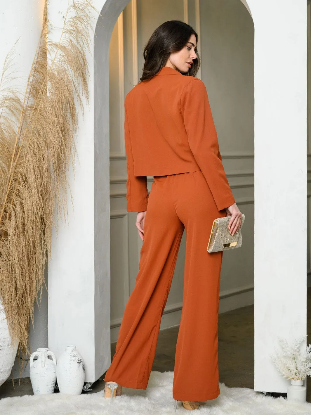 WOMEN'S LONG SLEEVE CROP JACKET & WIDE LEG PANTS SET
