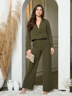 WOMEN'S LONG SLEEVE CROP JACKET & WIDE LEG PANTS SET