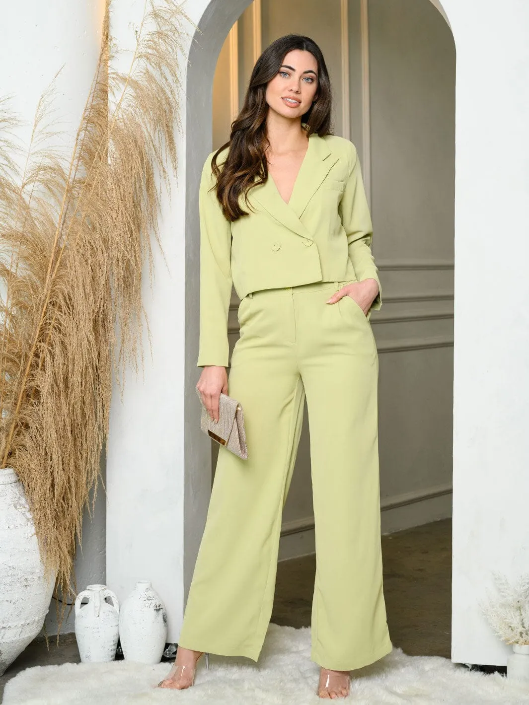 WOMEN'S LONG SLEEVE CROP JACKET & WIDE LEG PANTS SET