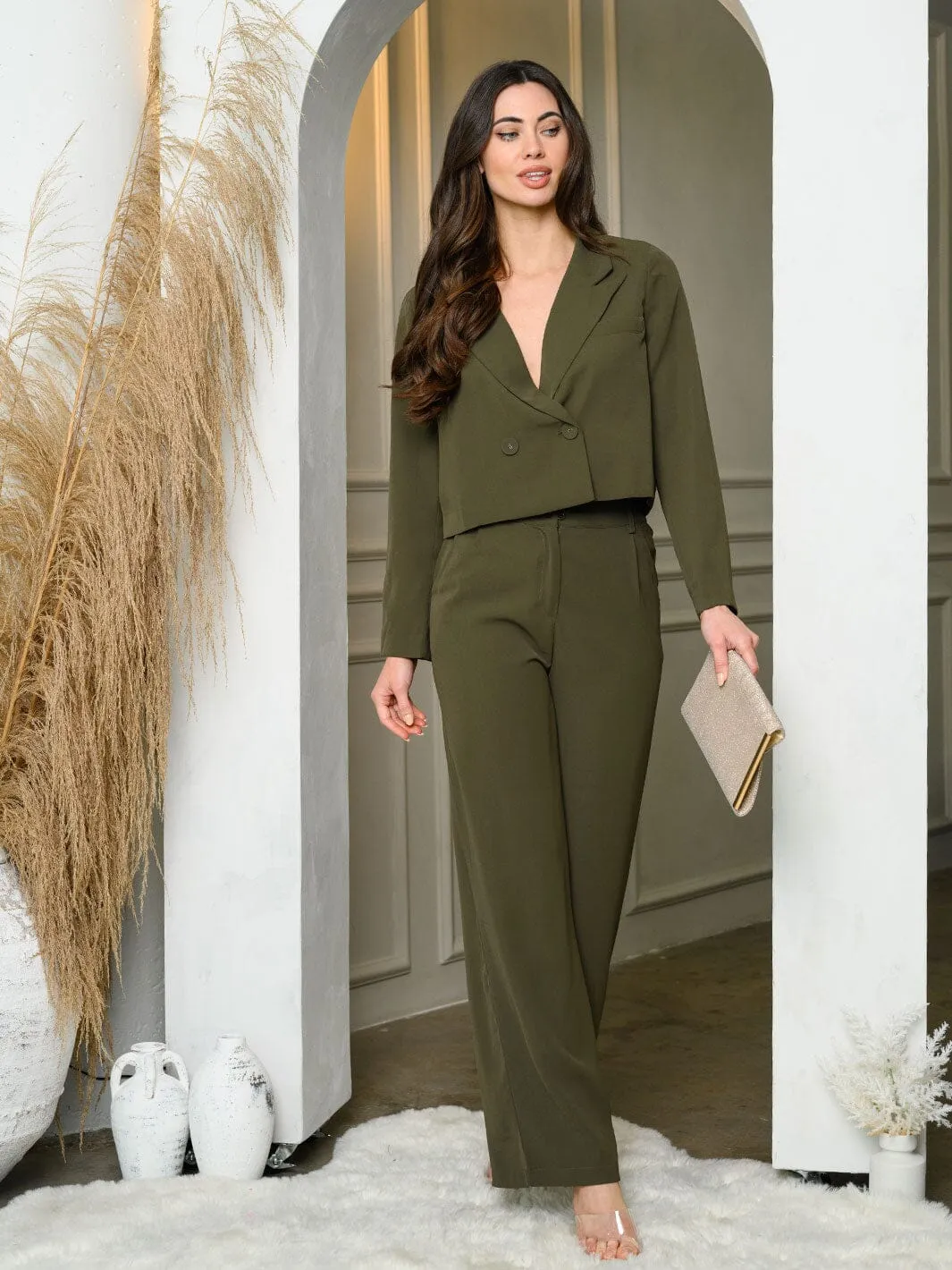 WOMEN'S LONG SLEEVE CROP JACKET & WIDE LEG PANTS SET