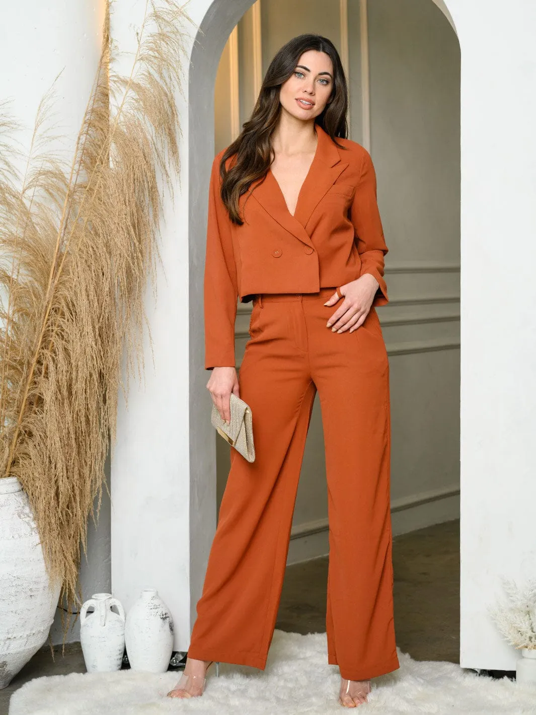 WOMEN'S LONG SLEEVE CROP JACKET & WIDE LEG PANTS SET