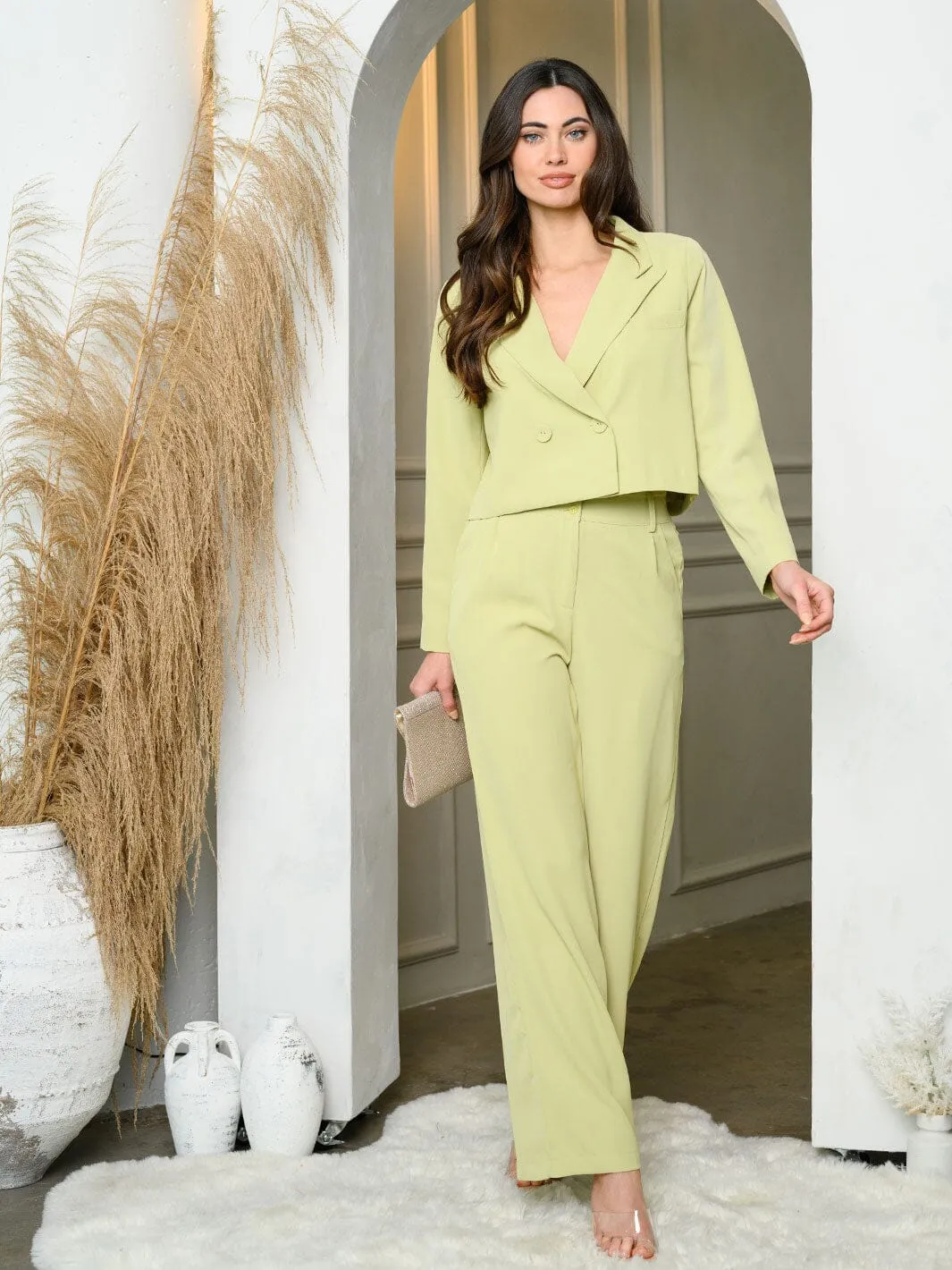 WOMEN'S LONG SLEEVE CROP JACKET & WIDE LEG PANTS SET