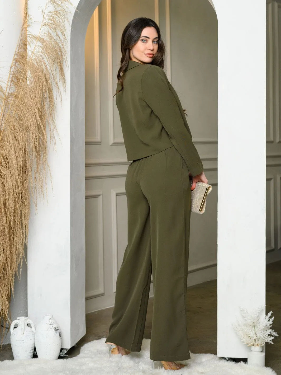 WOMEN'S LONG SLEEVE CROP JACKET & WIDE LEG PANTS SET