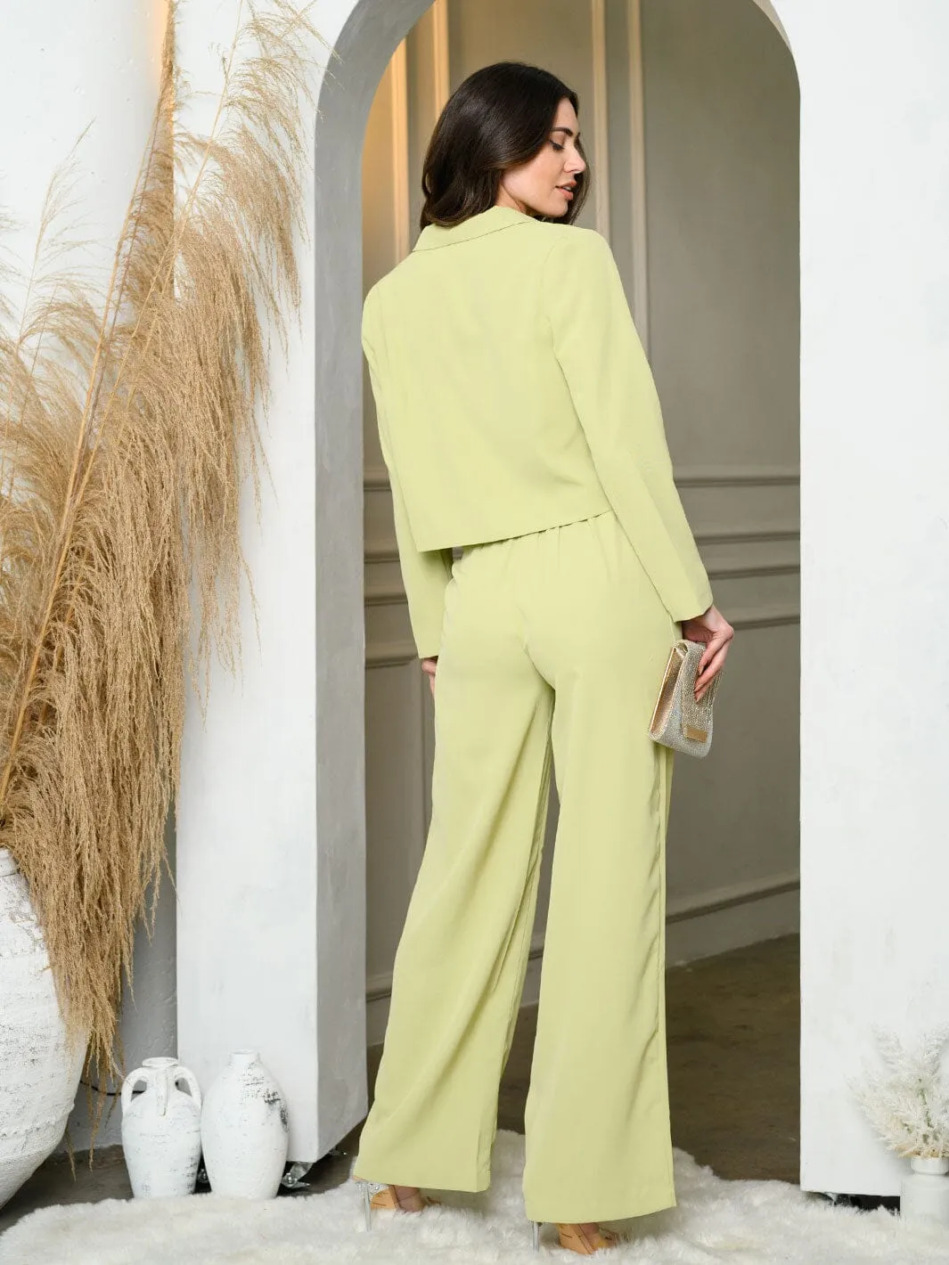 WOMEN'S LONG SLEEVE CROP JACKET & WIDE LEG PANTS SET
