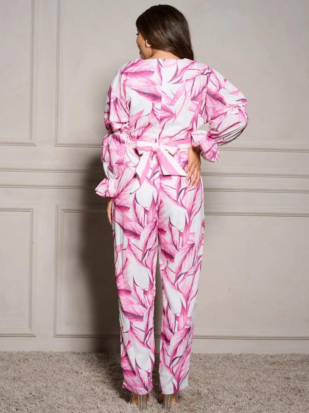 WOMEN'S LONG SLEEVE SURPLICE SELF TIE WIDE LEG LEAF PRINT JUMPSUIT