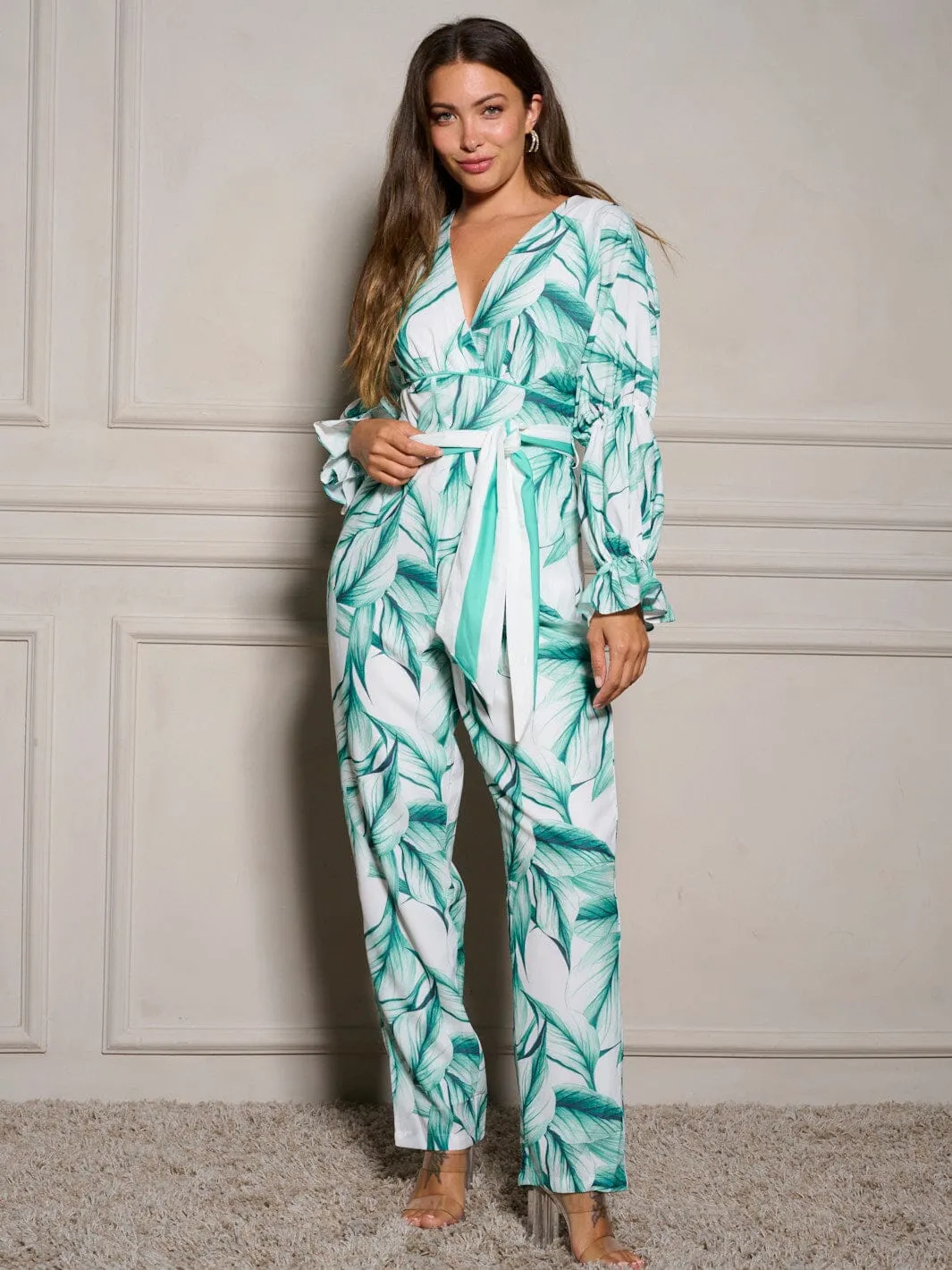 WOMEN'S LONG SLEEVE SURPLICE SELF TIE WIDE LEG LEAF PRINT JUMPSUIT